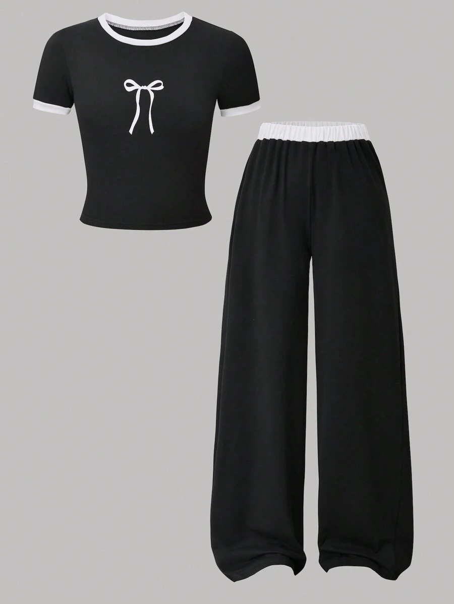 2 pièces/Set Ensemble de sport et décontracté minimaliste avec imprimé nœud, t-shirt noir et pantalon droit ample. Convient pour l'école, les rassemblements, les activités de plein air et le port quotidien pour les filles. - Noir - Voir 1