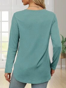 Women's Solid Color Crew Neck Shirt With Side Split Long Sleeve Casual Basic Top - 藍色 - 查看 2