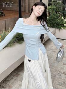 [Y6Y] 蝴蝶结柔美长袖针织上衣 | 不对称下摆设计，秋冬 - 藍色 - 查看 5