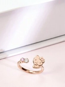 Sanrio Adjustable Fashionable Hello Kitty Ring - Rose Gold Plated With Cubic Zirconia, Suitable For Daily Wear And Gift