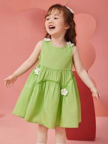 Young Girls' Sleeveless A-Line Dress With Floral Embellishment, Breathable & Moisture-Wicking, Summer - Green - View 1