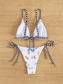 New European And American Style Women Palm Tree Print Bikini Set Swimwear, For Summer Beach Vacation - White - View 2