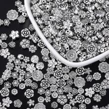 50/100 件混合复古银色花朵珍珠、雏菊和玫瑰花朵合金隔珠，适用于 DIY 手链、项链、珠宝、情侣配饰、情人节礼物