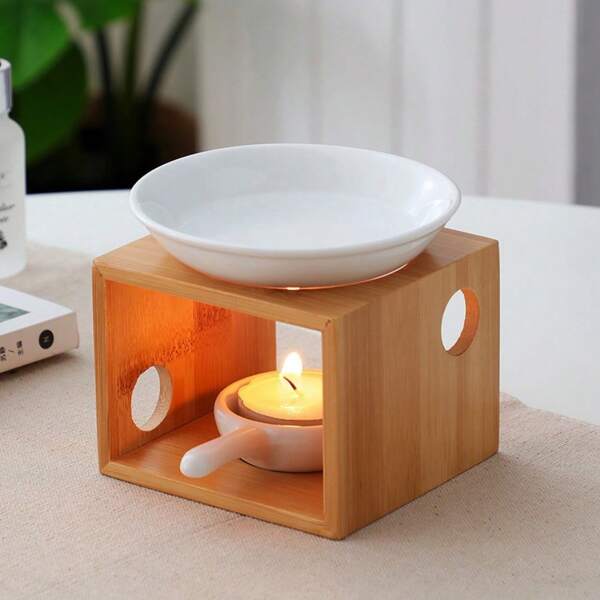 1pc Bamboo Double Round Aroma Lamp (Candles And Essential Oil Not Included), Ceramic Home Fragrance Candle Lamp