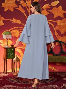Women's Round Neck Rhinestone Embellished Color Block Long Elegant Abaya Dress - Light Blue - View 3