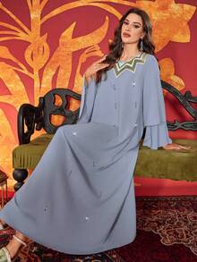 Women's Round Neck Rhinestone Embellished Color Block Long Elegant Abaya Dress - Light Blue - View 4