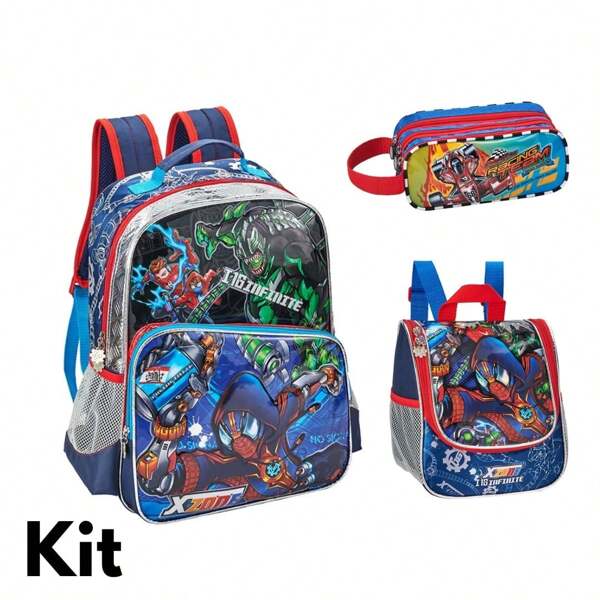 Kit 3 peças Mochila Escolar Menino Infantil de Rodinhas Resistente Impermeável com Lancheira e estojo
