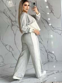 Set de 2 piezas jersey holgado de cuello redondo de manga larga y pantalones casuales holgados para mujer - Gris Claro - Ver 1