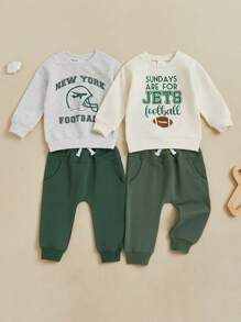Toddler Boy Fall Clothes Letter Print Long Sleeve Sweatshirt With Solid Color Pants 2Pcs Outfits - Light Grey - View 3