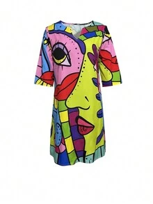 Women's Plus Size Casual V-Neck Dress - Elegant Abstract Face Print, Loose Short Sleeve Fit Autumn Dress For Spring And Autumn, Machine Washable