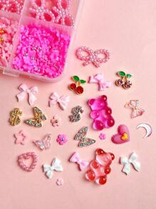 1 盒 12 格混合蝴蝶结、心形、珍珠、熊、迷你花朵、蝴蝶、樱桃硬币扁平水钻美甲装饰 DIY 美甲用品指甲饰指甲宝石 - 彩色 - 查看 6