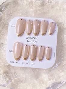 10pcs/Set Handmade Almond-Shaped Natural Amethyst Cat Eye Nail Stickers With White Rhinestones & Gold Tip Design, Elegant & Stylish Press-On Nails