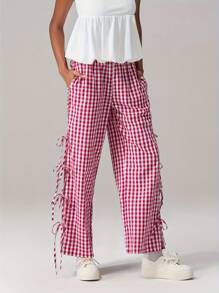 Women Y2K Wide Leg Gingham Pants Elastic High Waist Side Tie Loose Fit Plaid Trouser Lounge Pants
