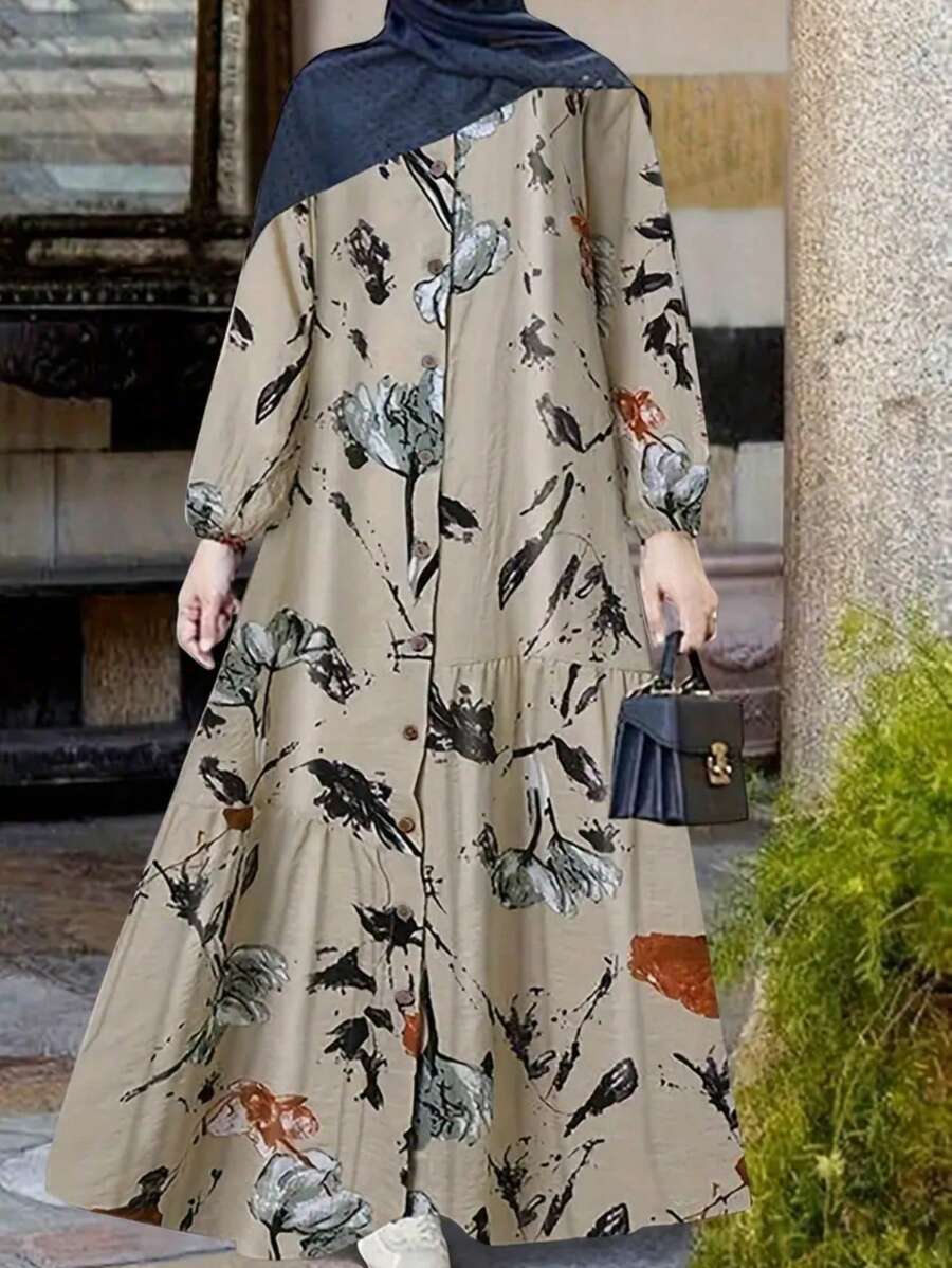 Vestido kaftan árabe con estampado floral, manga larga, abotonadura sencilla y volante en el dobladillo, modesto