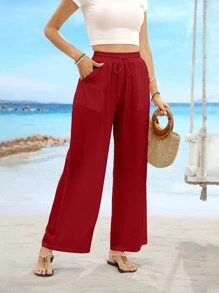 Solid Color Drawstring Waist Slant Pocket Casual Straight Leg Pants - Red - View 3