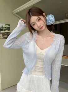 女士蓝色蕾丝边 V 领罩衫，可爱返校夏季披肩轻便外套 - 藍色 - 查看 4
