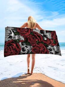 1pc Rose Skull Pattern Microfiber Super Absorbent Beach Towel, Extra Large Beach Blanket Suitable For Travel, Swimming Pool, Diving, Surfing, Yoga, Camping, Available In Adult And Sizes, Beach Accessories Summer,Holiday Bathroom Decor Beach Essentials