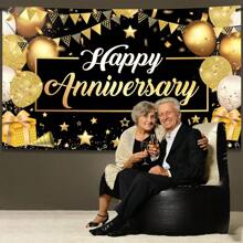 Striscione 'Buon Anniversario' in nero e oro | Decorazioni per feste di anniversario, sfondo 'Buon Anniversario' | Logo per anniversario, decorazioni per anniversario di matrimonio