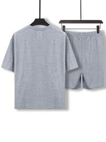 Men's Casual Solid Color Short Sleeve T-Shirt And Shorts Sports Suit, For Outdoor - Light Grey - View 3