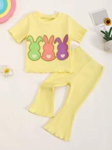 Conjunto de 2 piezas para niña bebé con diseño bordado de conejo amarillo, Serie adorable, perfecto para Pascua - Amarillo - Ver 3
