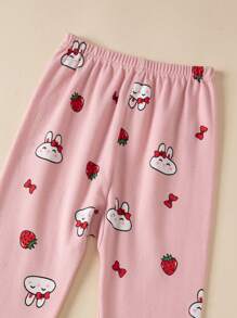 Girls Strawberry Bunny Print Pajama Set, Spring Autumn Home Wear For Young Girl - Pink - View 8