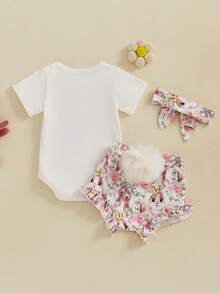 Conjunto de 3 piezas de ropa de Pascua para niñas pequeñas, mono de manga corta con estampado de conejito y pantalones cortos elásticos con diadema. - Blanco - Ver 2
