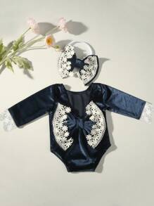 Bộ 2 bộ đồ liền thân nhung viền ren và băng đô cho trẻ sơ sinh, trang phục nơ cho bé, quần áo chụp ảnh cho bé gái, quà tặng trang trí gia đình tiệc mừng em bé, quà tặng lễ Phục sinh cho bé gái/bé trai - Nhiều màu - Xem 8