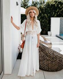 Bikini Camisa exterior Camisa solar Camisa de encaje Falda de playa Mujer - Blanco - Ver 4