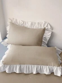 3pcs Khaki Ruffle Soft & Comfortable Bedding Set, Suitable For Bedroom & Guest Room - Khaki - View 10