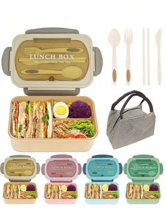 1个成人午餐盒，3个隔层，可微波炉使用，硅胶长方形午餐盒，零食盒，餐具，筷子和勺子，适合办公室使用，可重复使用的便当盒