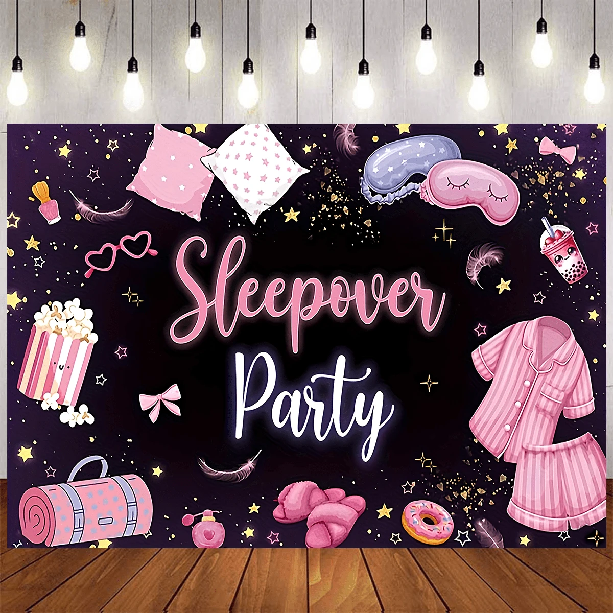Sleepover Party Backdrop Black Pink Slumber Party Photography ...