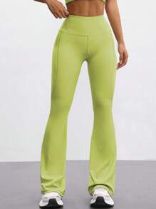 FWH Fashionable Casual Minimalist Lifting Peach Butt Elegant Street Vintage Slimming Low-Key Luxury Elongating Leg Lines Classic Simple High-End Slimming High-Waisted Versatile Flared Pants, New European Style Waist Cinching Fitness Wide Leg Yoga Leggings - Green - View 5