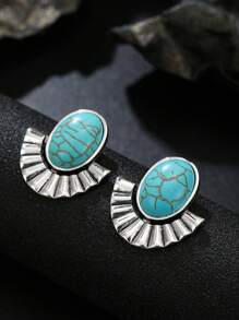 1 对复古绿松石耳环，适合女性日常佩戴 - 復古銀色 - 查看 4