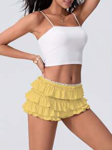 Women Hollow Out Crochet Knit Shorts Ruffled Layered Pleated Tiered Summer Fall Beach Music Festival Shorts - Màu vàng - Xem 3