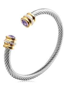 1 Pc Stainless Steel Cable Bracelet With 12 Birthstones And Zirconia, Suitable For Women