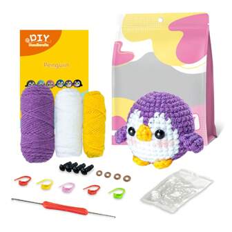 Kits pour débutants en crochetage Jeslon - Avec tutoriel vidéo étape par étape, introduction pour débutants comprenant le crochet, le marqueur et l'aiguille à coudre - Cadeau parfait pour les apprenants - Pingouin miniature violet