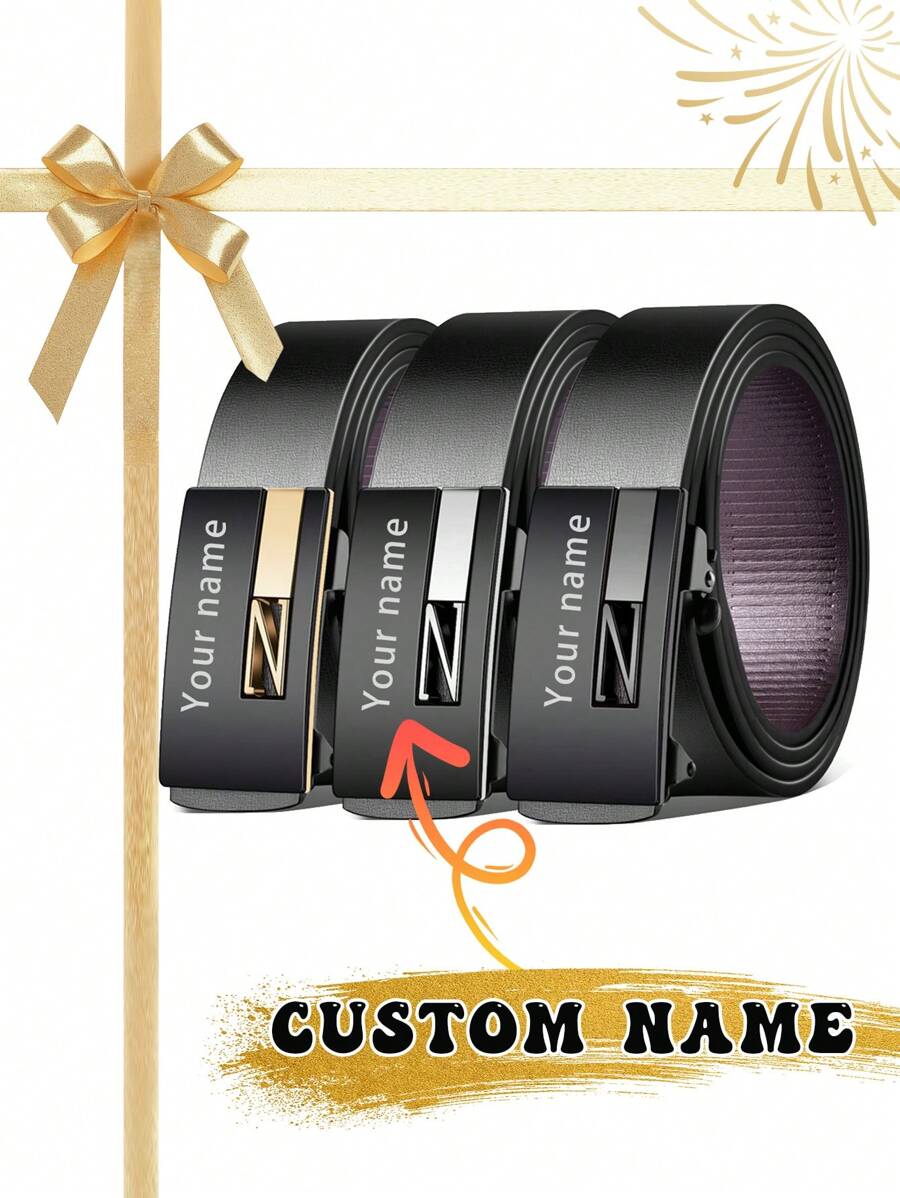 A Personalized Men's Belt Gift With A Metal Automatic Buckle, Full Of Texture, Can Be Engraved With Words And Names, And Made Of Pu Material. Three Colors Are Available: Gold, Silver And Black, Fashionable And Versatile, Very Suitable For Valentine's Day, Father's Day, Anniversary As A Holiday Gift For Father, Husband Or Boyfriend As A Special Surprise Gift, So That He Can Feel Your Caring Care Every Time He Ties It. - Multicolor - View 1