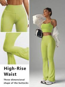 FWH Fashionable Casual Minimalist Lifting Peach Butt Elegant Street Vintage Slimming Low-Key Luxury Elongating Leg Lines Classic Simple High-End Slimming High-Waisted Versatile Flared Pants, New European Style Waist Cinching Fitness Wide Leg Yoga Leggings - Green - View 3