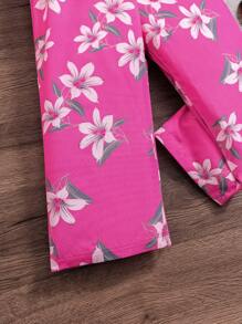 Young Girl' Floral Print Spaghetti Strap Jumpsuit, Cinched Waist Waist Wide Leg, Suitable For Resort & Summer - Rose Red - View 5