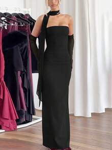 女士褶皱后开衩抹胸长裙配手套紧身性感优雅派对鸡尾酒会礼服 - 黑色 - 查看 7