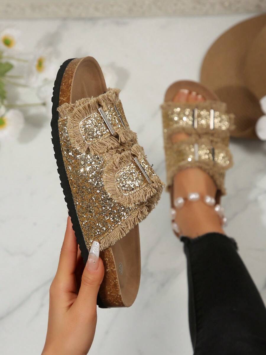 Plus Size Women Fringe Slip-On Sandals, Retro Niche Design Casual Thick Sole Slippers