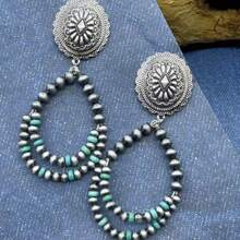 1 Pair Western Country Style Vintage Beaded Jewelry Earrings, Handmade Wire Wrap Turquoise, Suitable For Women To Wear On Holidays, Dates, Travel, And Daily Life