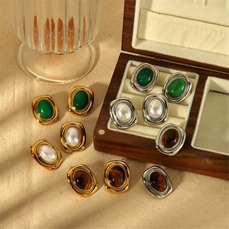 VKHK 1 Paar 18K vergoldete Edelstahl Ohrringe mit Natursteinen und Kunstperlen, geeignet für Damen Alltag und Hochzeit, Geschenk