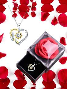 1set Red Rose Gift Box With 925 Sterling Silver Heart-Shaped Pendant Necklace, High-Quality Moissanite Jewelry, Romantic Jewelry Gift, Suitable For Christmas, Valentine's Day, Mother's Day, Perfect Gift For Female Friends, Lovers, Mothers, Wives, Girlfriends, Sisters, Daughters