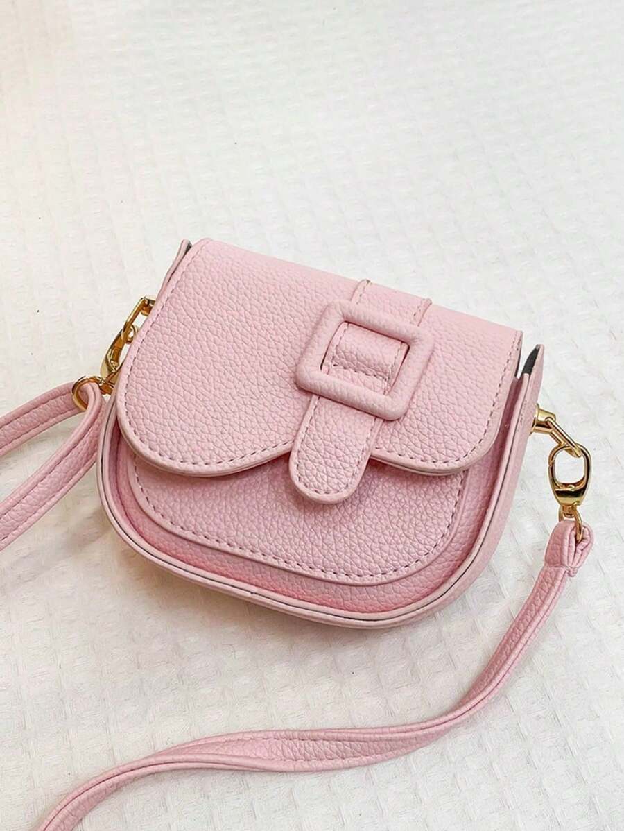 1 pieza Bolso bandolero de mini PU de color liso de moda para niñas, personalizado con tapa abatible, adecuado para uso diario - Rosa - Ver 1