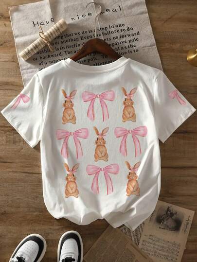 Rabbit & Bow Print Round Neck T-Shirt, Casual Soft Top For Summer