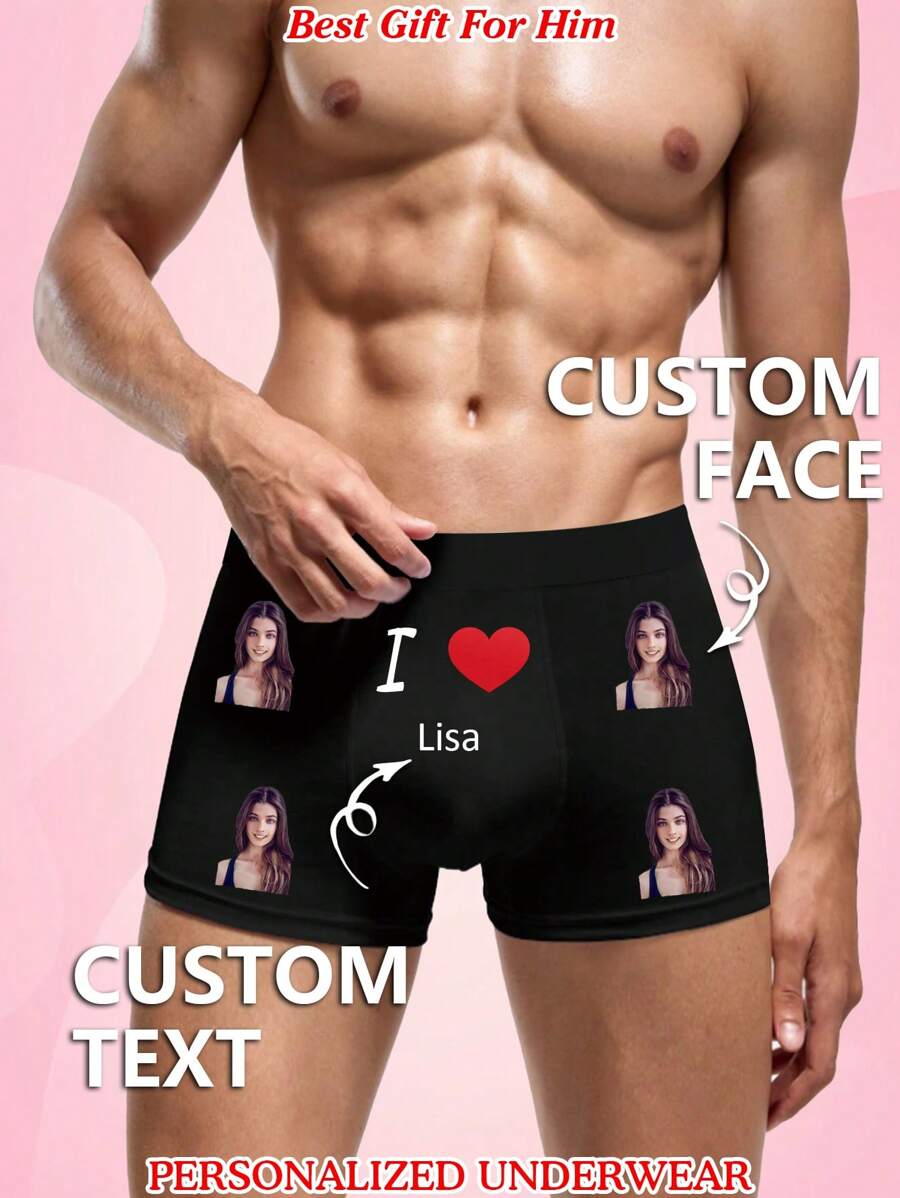 Custom Photo/Text/Logo Printed Men's Heart Pattern Boxer Briefs, Personalized Stretchy Comfortable Casual Underwear, Ideal Gift For Boyfriend/Husband, Valentine's Day Present, Unique & Funny - Black - View 1