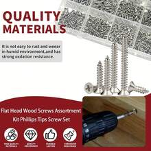 1070 件木螺钉组合套件，十字槽木螺钉套装，螺钉，平头什锦螺钉 M2 X 4/5/6/8/10/12/16/20 碳钢镀镍