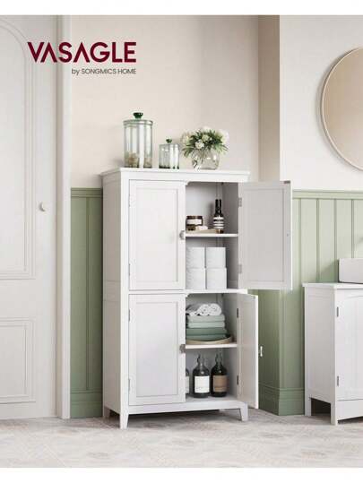  VASAGLE Freestanding Bathroom Cabinet With 4 Doors, Adjustable Shelves, 30 X 60 X 110 Cm, White