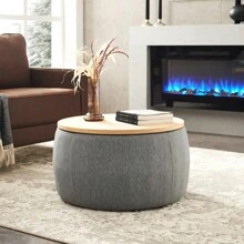 Round Storage Ottoman, 2 In 1 Function, Work As End Table And Ottoman, Dark Grey (25.5"X25.5"X14.5")